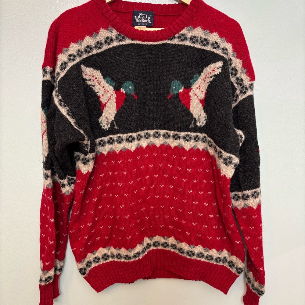 Woolrich vintage red 100% wool men’s L sweater with mallard ducks